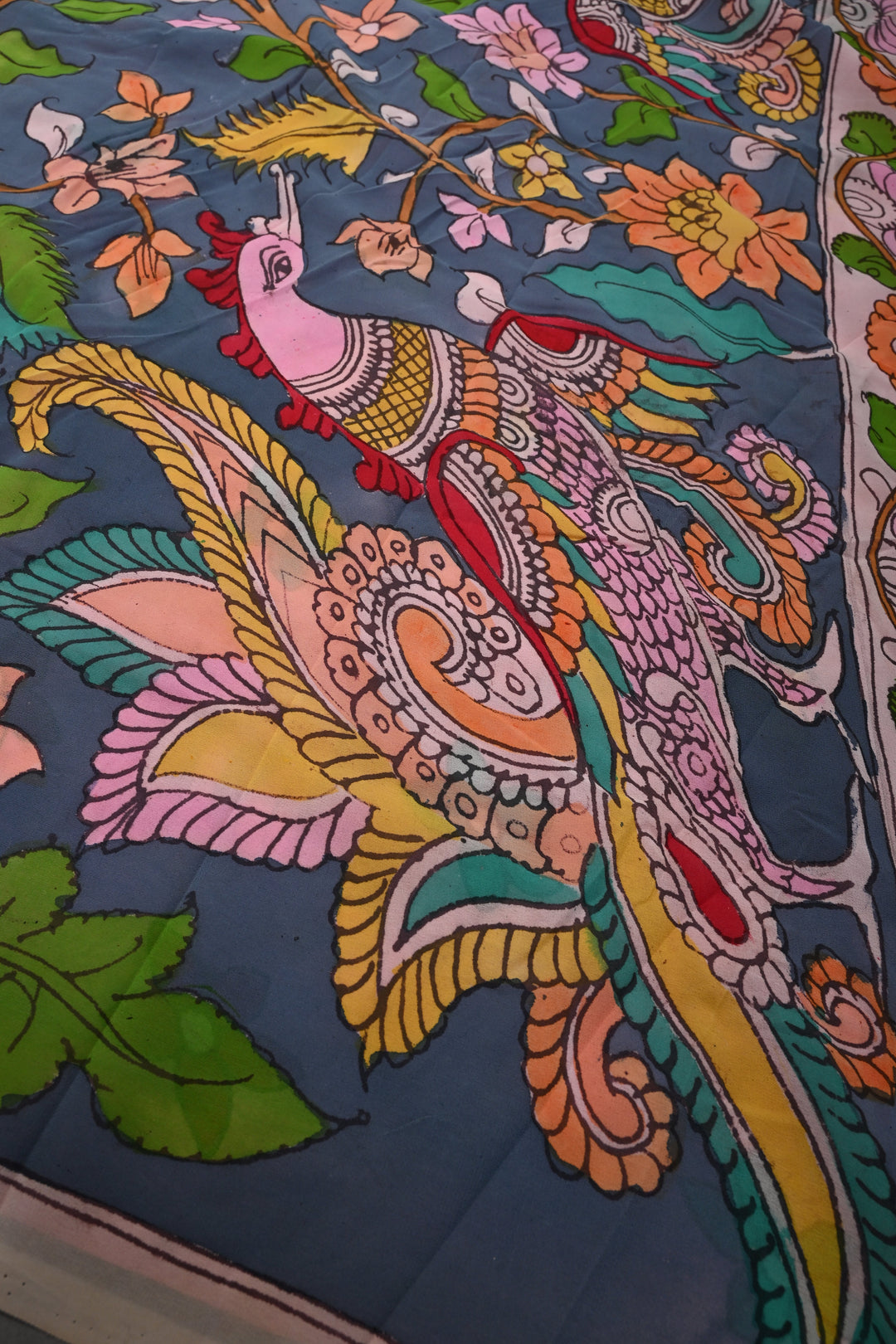 Floral and Birds Theme : Gray-Blue Authentic Pen Kalamkari Handpainted  on pure Georgette Silk Saree with Minimal Border | SILK MARK CERTIFIED | SHOBITAM