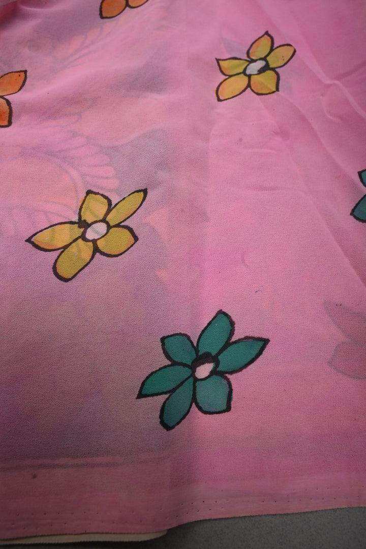 Floral and Birds Theme : Gray-Blue Authentic Pen Kalamkari Handpainted  on pure Georgette Silk Saree with Minimal Border | SILK MARK CERTIFIED | SHOBITAM