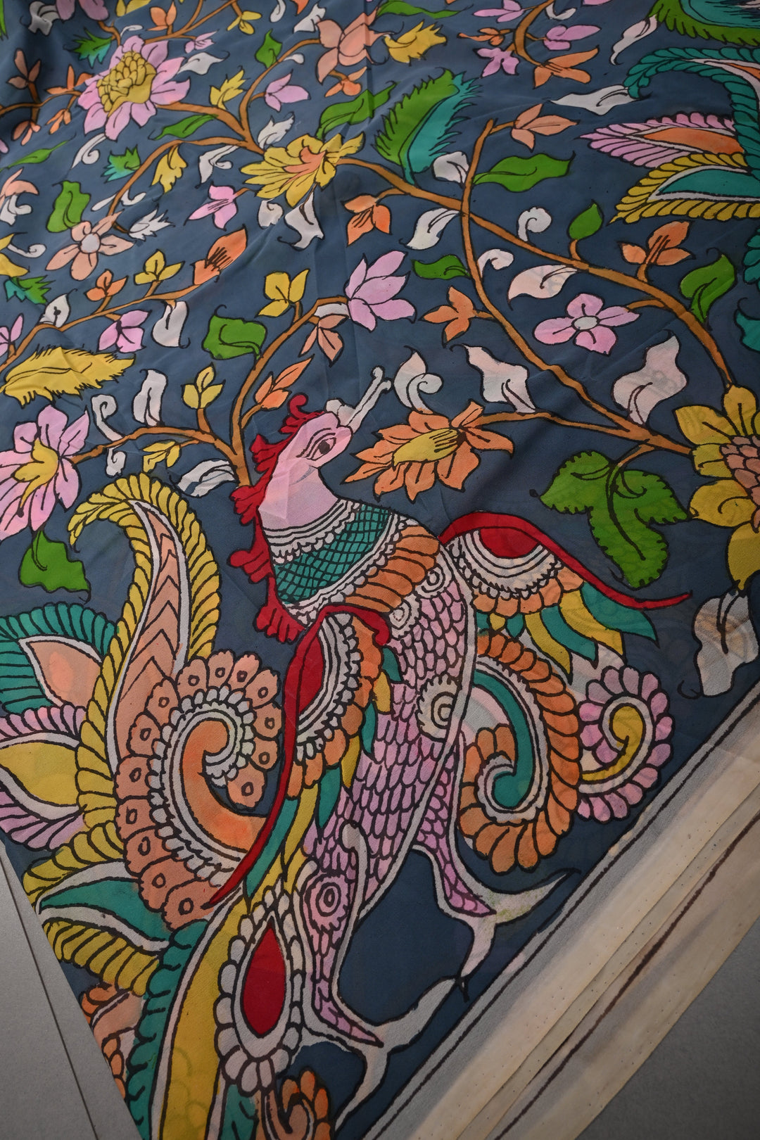 Floral and Birds Theme : Gray-Blue Authentic Pen Kalamkari Handpainted  on pure Georgette Silk Saree with Minimal Border | SILK MARK CERTIFIED | SHOBITAM
