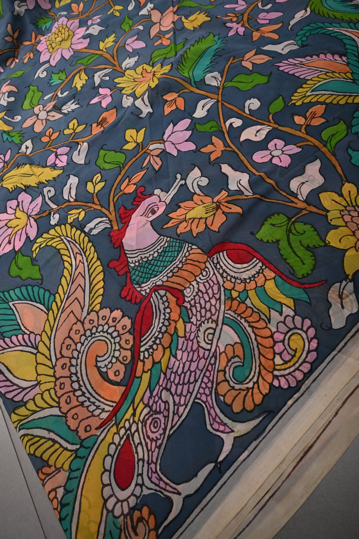 Floral and Birds Theme : Gray-Blue Authentic Pen Kalamkari Handpainted  on pure Georgette Silk Saree with Minimal Border | SILK MARK CERTIFIED | SHOBITAM