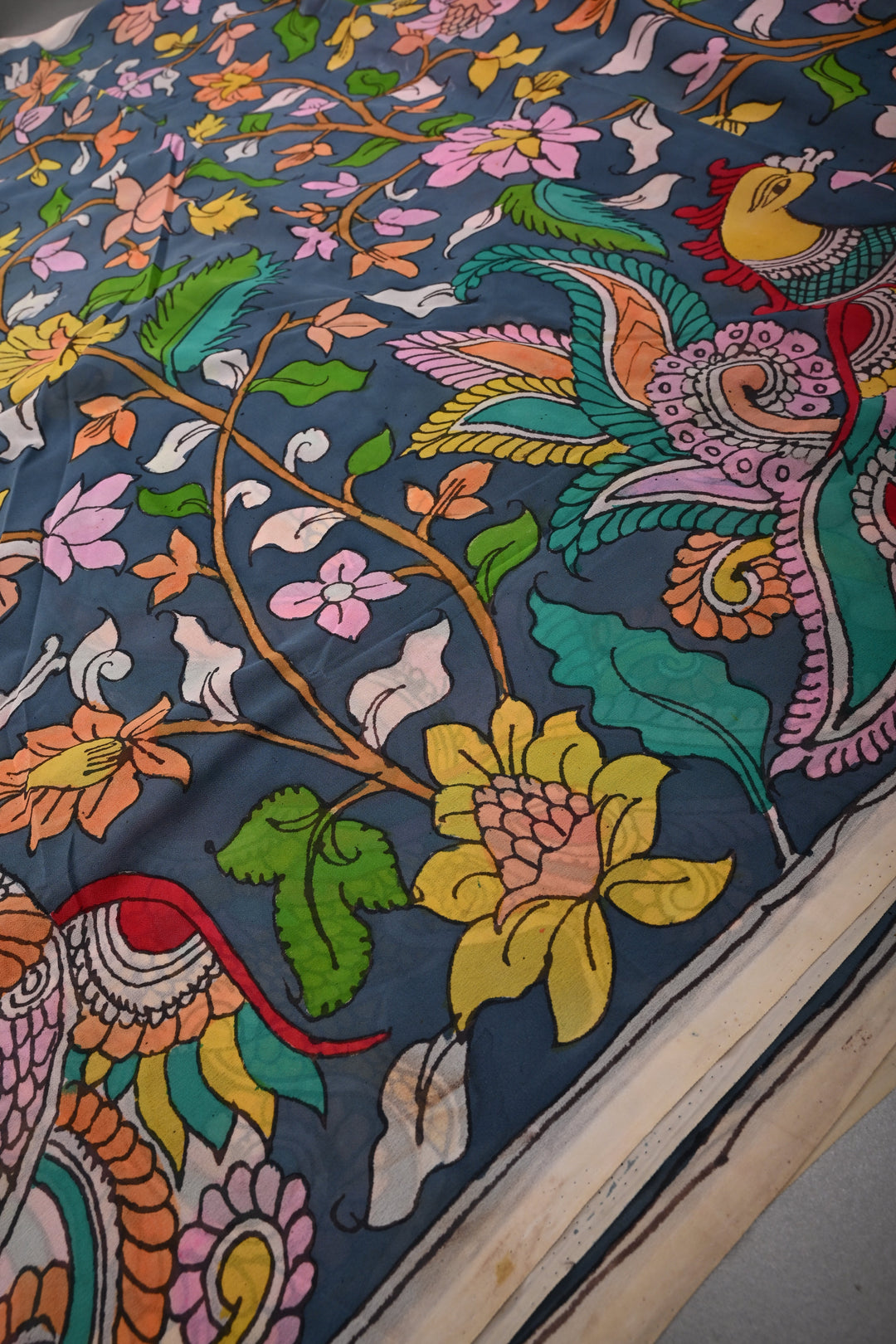 Floral and Birds Theme : Gray-Blue Authentic Pen Kalamkari Handpainted  on pure Georgette Silk Saree with Minimal Border | SILK MARK CERTIFIED | SHOBITAM