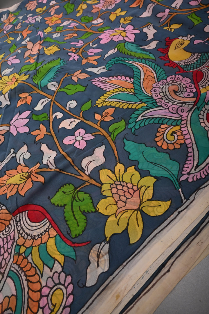 Floral and Birds Theme : Gray-Blue Authentic Pen Kalamkari Handpainted  on pure Georgette Silk Saree with Minimal Border | SILK MARK CERTIFIED | SHOBITAM