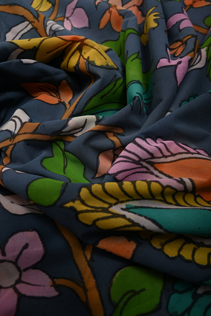 Floral and Birds Theme : Gray-Blue Authentic Pen Kalamkari Handpainted  on pure Georgette Silk Saree with Minimal Border | SILK MARK CERTIFIED | SHOBITAM