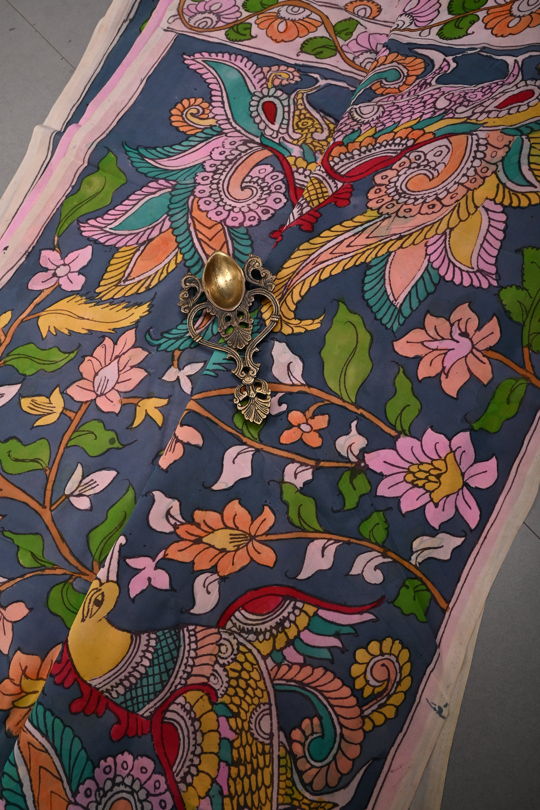 Floral and Birds Theme : Gray-Blue Authentic Pen Kalamkari Handpainted  on pure Georgette Silk Saree with Minimal Border | SILK MARK CERTIFIED | SHOBITAM
