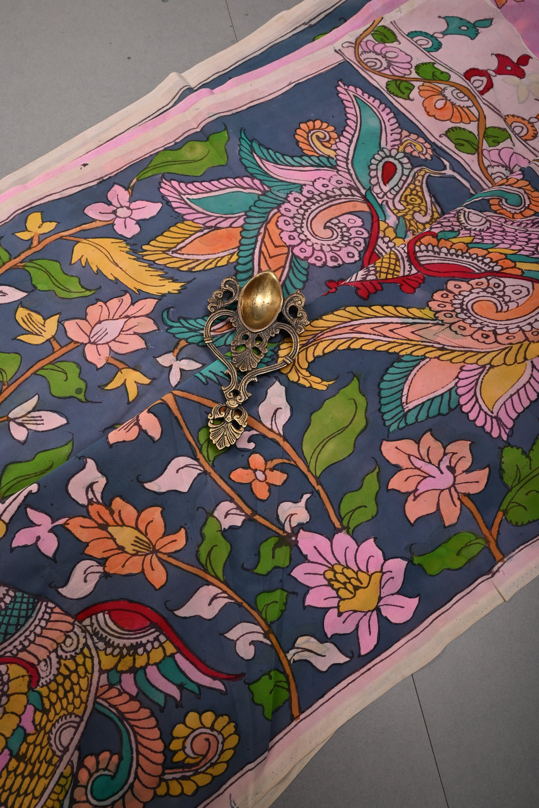 Floral and Birds Theme : Gray-Blue Authentic Pen Kalamkari Handpainted  on pure Georgette Silk Saree with Minimal Border | SILK MARK CERTIFIED | SHOBITAM