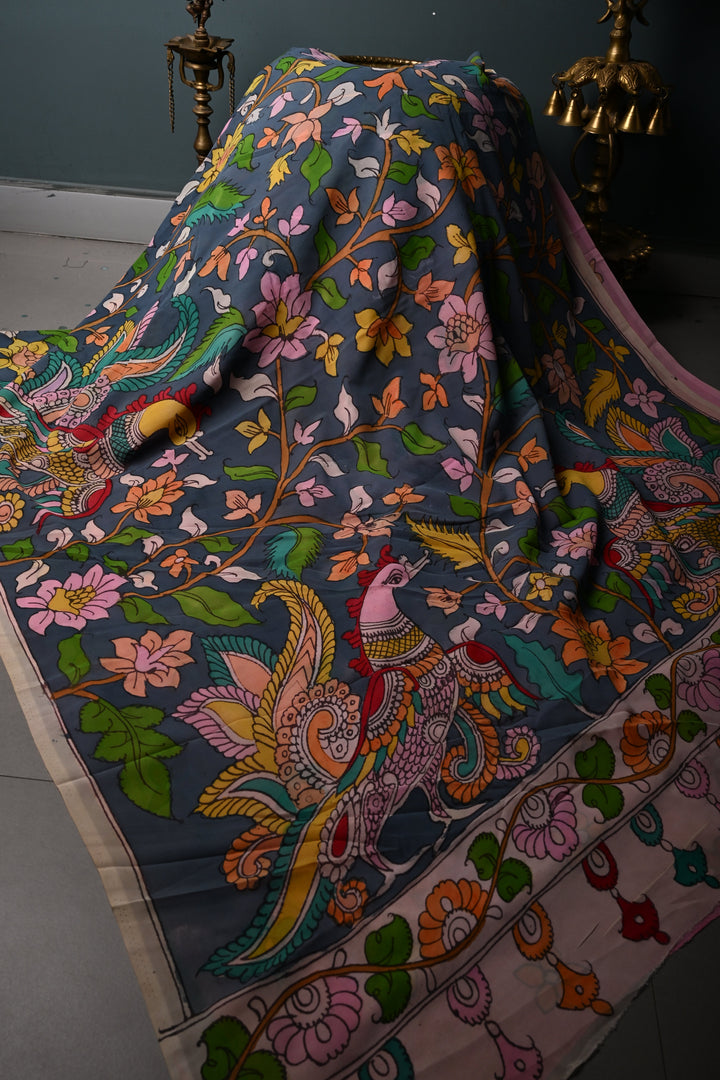 Floral and Birds Theme : Gray-Blue Authentic Pen Kalamkari Handpainted  on pure Georgette Silk Saree with Minimal Border | SILK MARK CERTIFIED | SHOBITAM