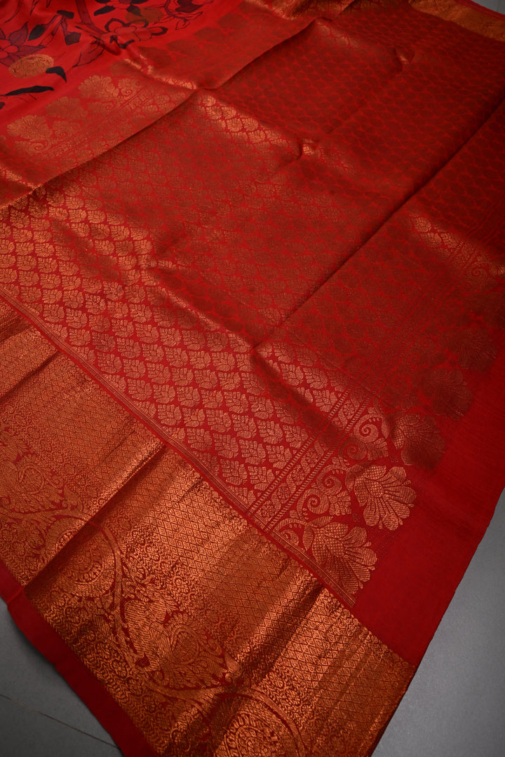 Pen kalamkari Sketch only on Pure Kanjivaram Silk Saree in Vermillion Red With Peacock Mandala Zari Buttas and Antique Zari Border | SILK MARK CERTIFIED | SHOBITAM