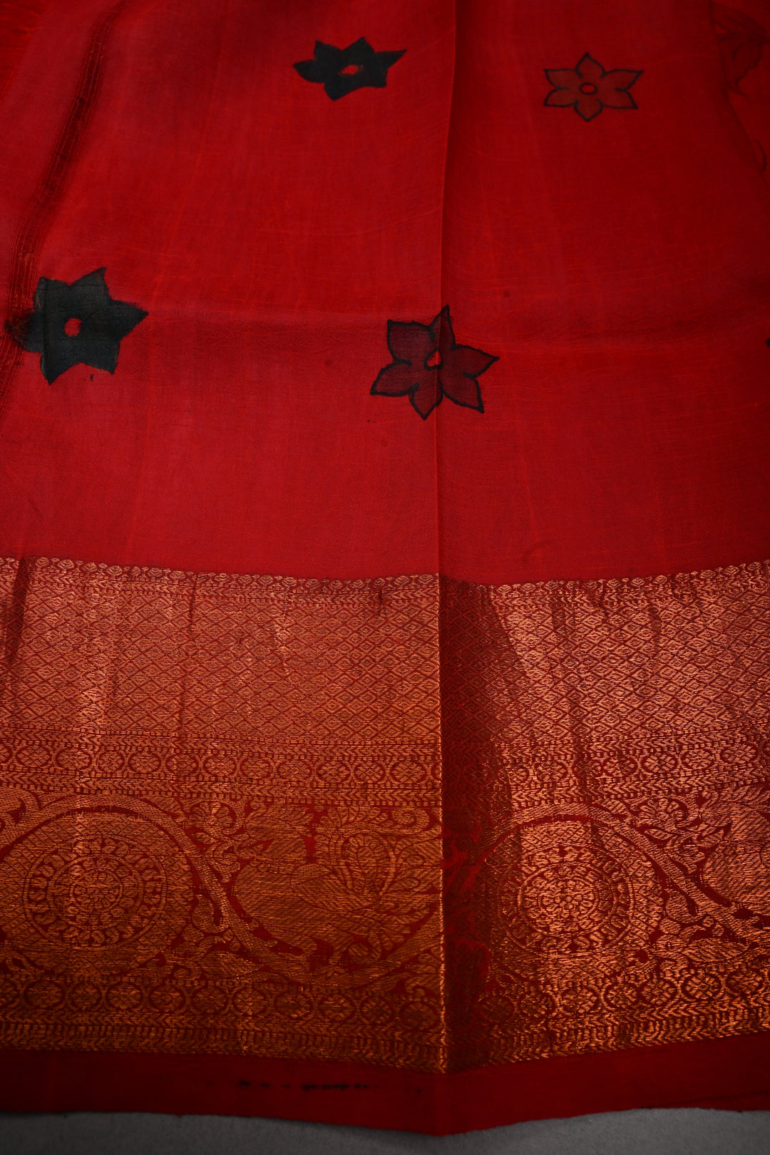 Pen kalamkari Sketch only on Pure Kanjivaram Silk Saree in Vermillion Red With Peacock Mandala Zari Buttas and Antique Zari Border | SILK MARK CERTIFIED | SHOBITAM
