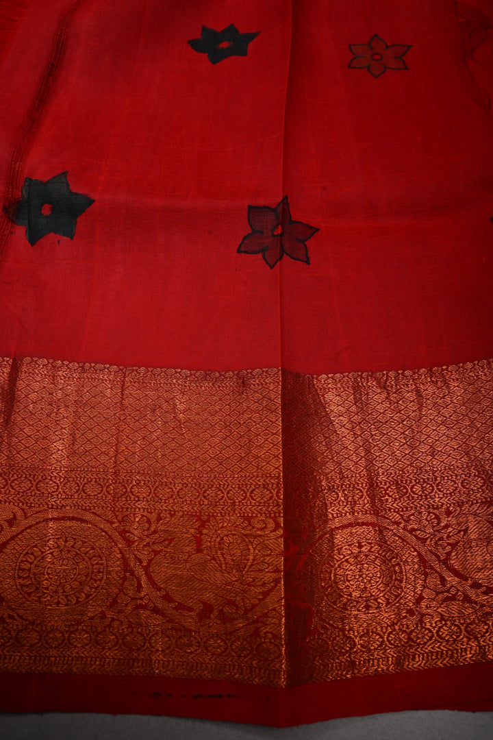 Pen kalamkari Sketch only on Pure Kanjivaram Silk Saree in Vermillion Red With Peacock Mandala Zari Buttas and Antique Zari Border | SILK MARK CERTIFIED | SHOBITAM