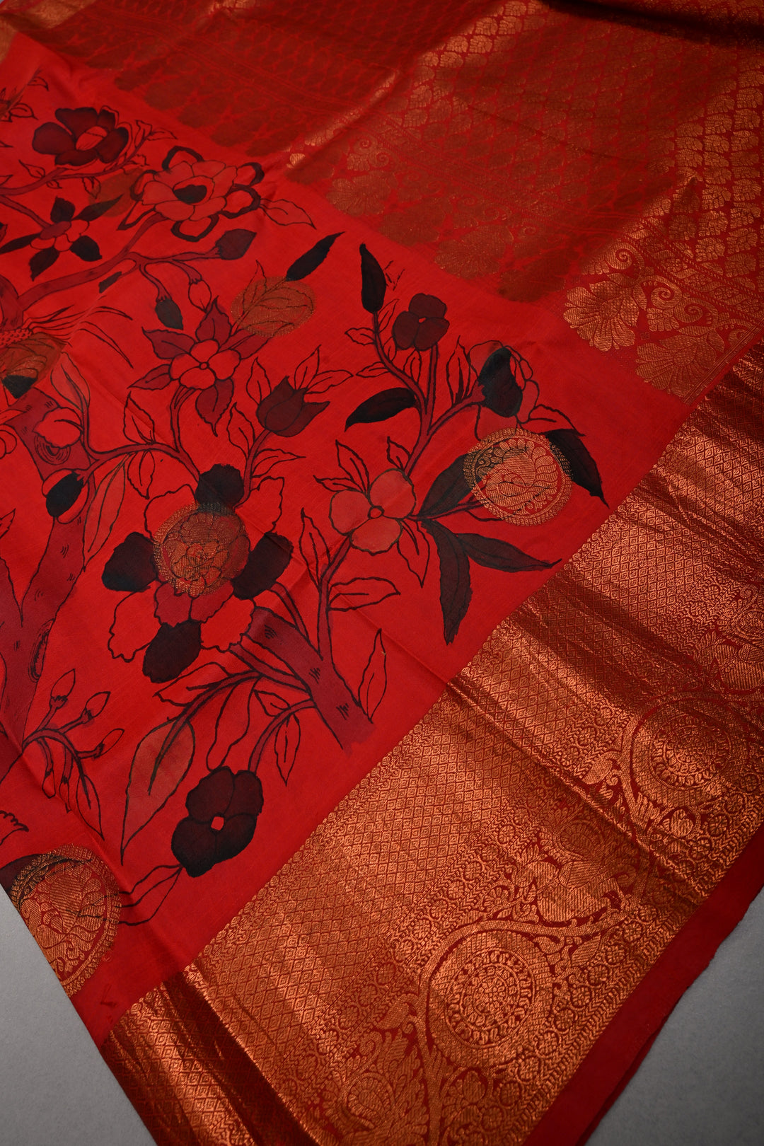 Pen kalamkari Sketch only on Pure Kanjivaram Silk Saree in Vermillion Red With Peacock Mandala Zari Buttas and Antique Zari Border | SILK MARK CERTIFIED | SHOBITAM
