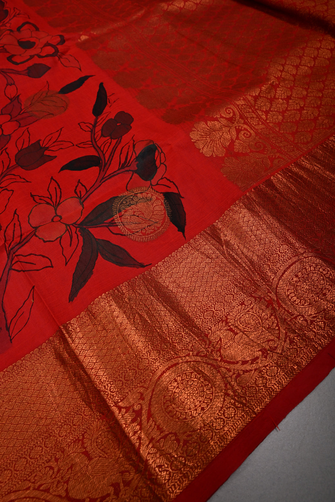 Pen kalamkari Sketch only on Pure Kanjivaram Silk Saree in Vermillion Red With Peacock Mandala Zari Buttas and Antique Zari Border | SILK MARK CERTIFIED | SHOBITAM