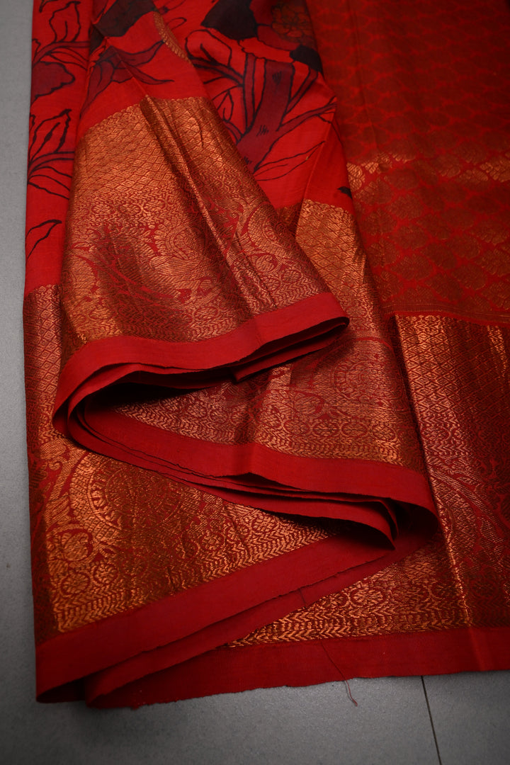 Pen kalamkari Sketch only on Pure Kanjivaram Silk Saree in Vermillion Red With Peacock Mandala Zari Buttas and Antique Zari Border | SILK MARK CERTIFIED | SHOBITAM
