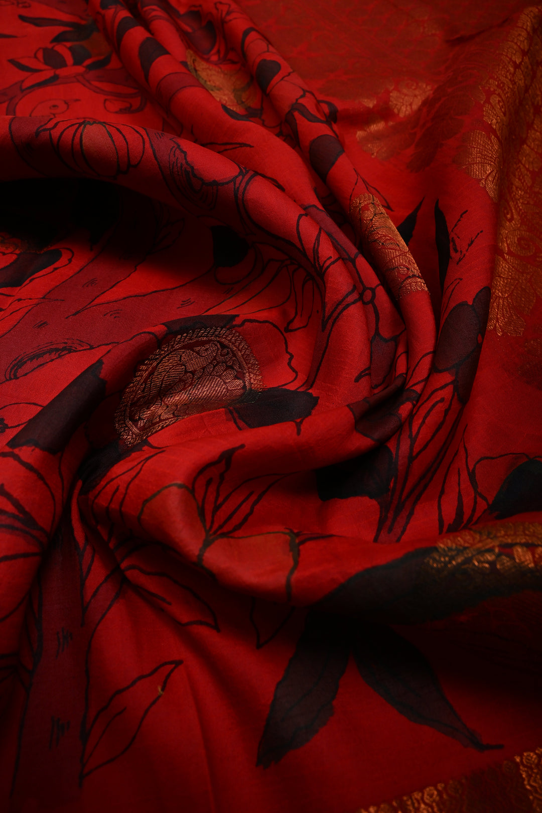Pen kalamkari Sketch only on Pure Kanjivaram Silk Saree in Vermillion Red With Peacock Mandala Zari Buttas and Antique Zari Border | SILK MARK CERTIFIED | SHOBITAM