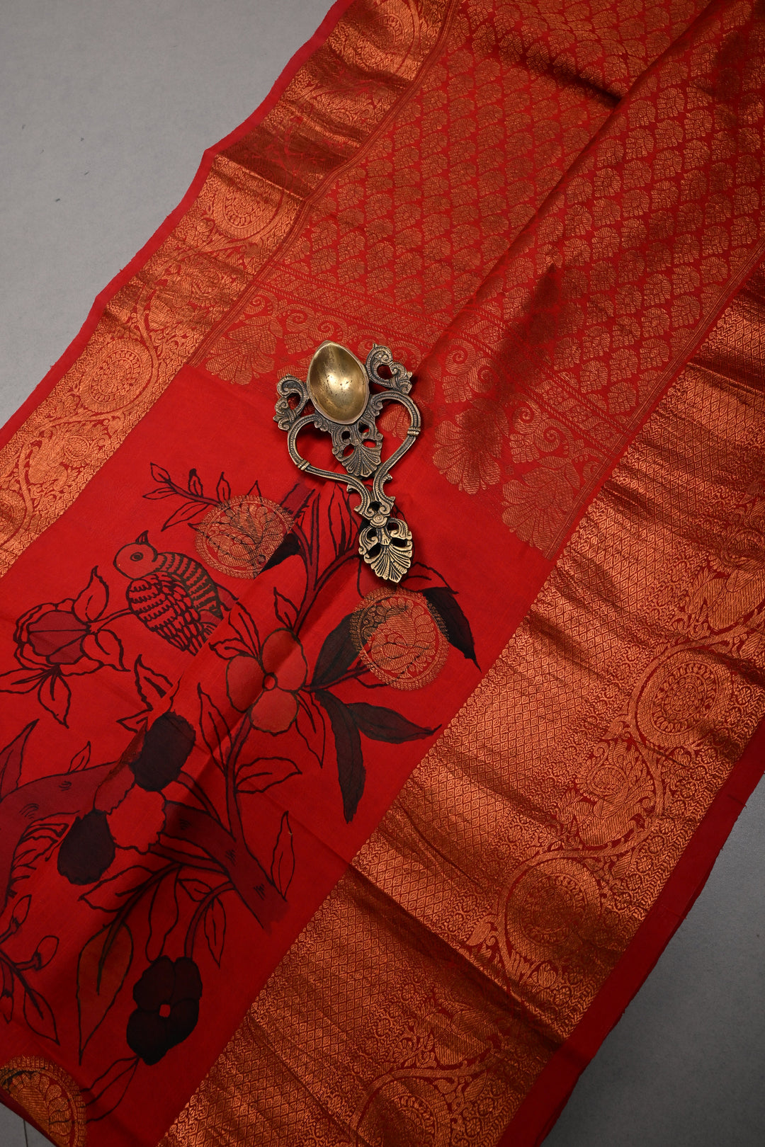 Pen kalamkari Sketch only on Pure Kanjivaram Silk Saree in Vermillion Red With Peacock Mandala Zari Buttas and Antique Zari Border | SILK MARK CERTIFIED | SHOBITAM