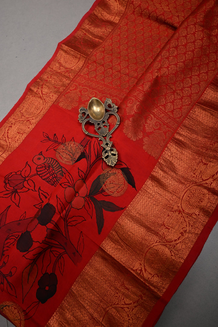 Pen kalamkari Sketch only on Pure Kanjivaram Silk Saree in Vermillion Red With Peacock Mandala Zari Buttas and Antique Zari Border | SILK MARK CERTIFIED | SHOBITAM