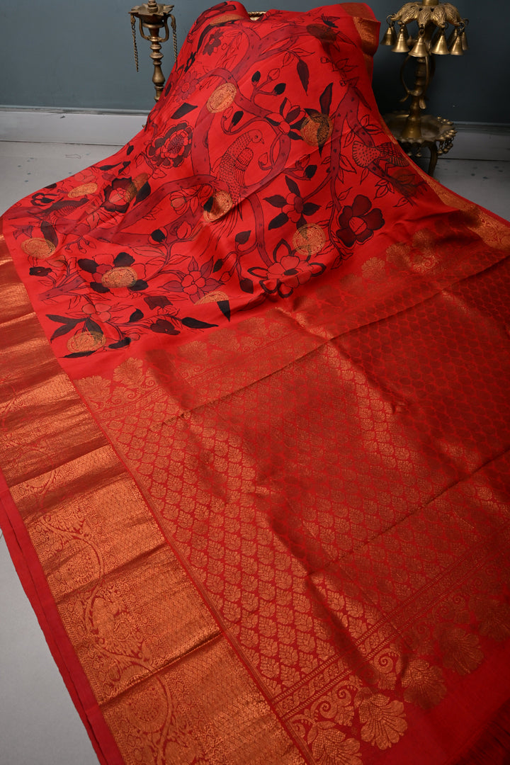 Pen kalamkari Sketch only on Pure Kanjivaram Silk Saree in Vermillion Red With Peacock Mandala Zari Buttas and Antique Zari Border | SILK MARK CERTIFIED | SHOBITAM