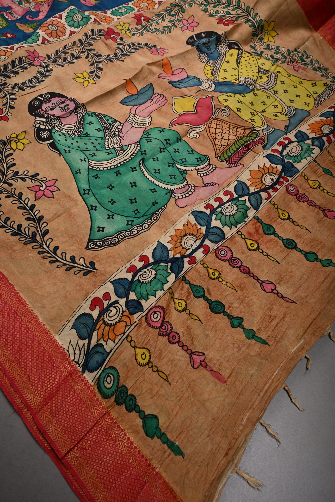 Mythological Theme : Authentic Pen kalamkari Handpainted on Pure Chennuri Silk Saree with Contrast Zari Border | SHOBITAM