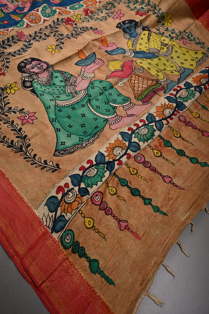 Mythological Theme : Authentic Pen kalamkari Handpainted on Pure Chennuri Silk Saree with Contrast Zari Border | SHOBITAM