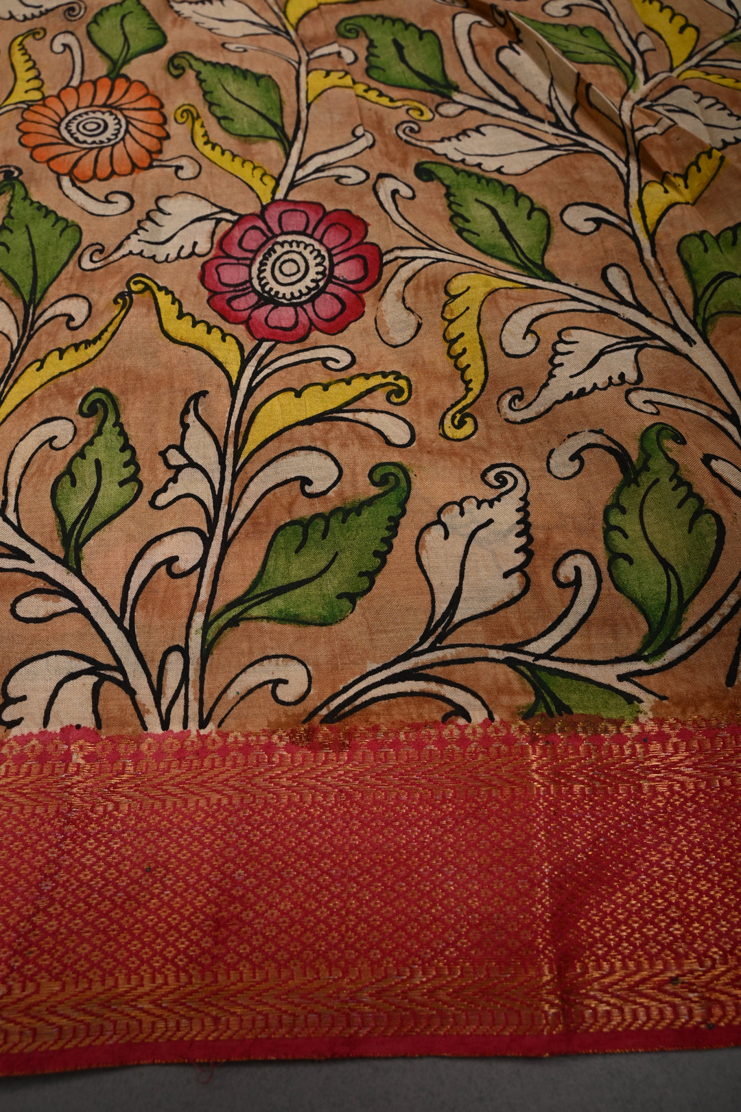 Mythological Theme : Authentic Pen kalamkari Handpainted on Pure Chennuri Silk Saree with Contrast Zari Border | SHOBITAM