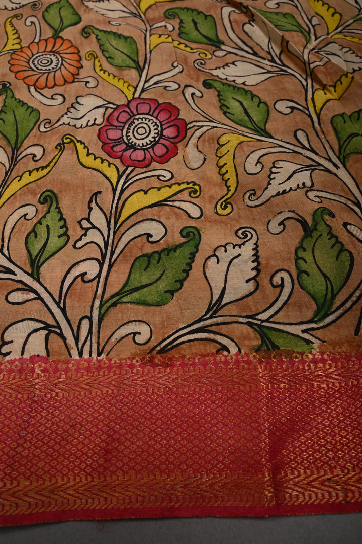 Mythological Theme : Authentic Pen kalamkari Handpainted on Pure Chennuri Silk Saree with Contrast Zari Border | SHOBITAM