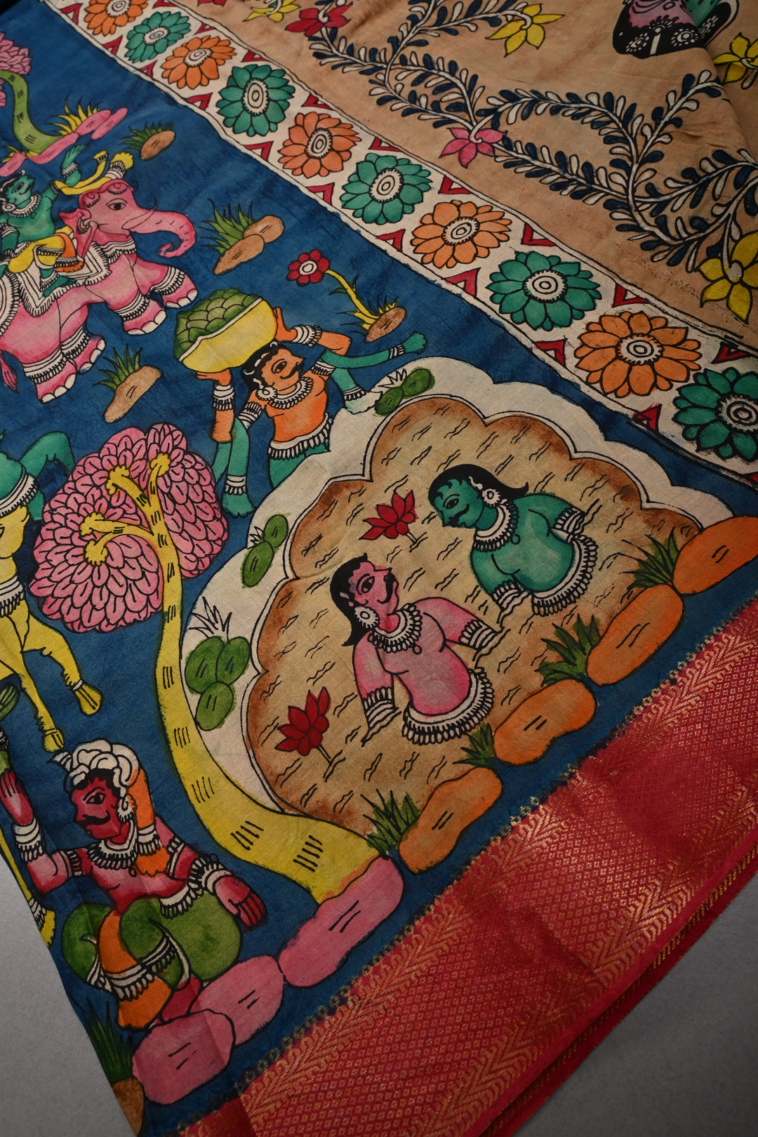 Mythological Theme : Authentic Pen kalamkari Handpainted on Pure Chennuri Silk Saree with Contrast Zari Border | SHOBITAM