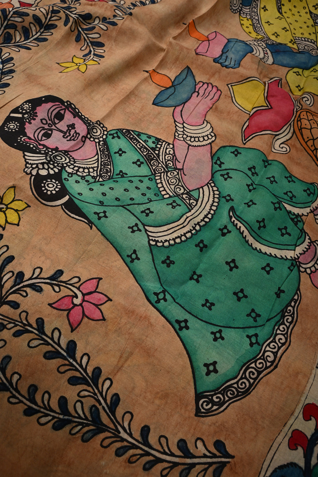 Mythological Theme : Authentic Pen kalamkari Handpainted on Pure Chennuri Silk Saree with Contrast Zari Border | SHOBITAM