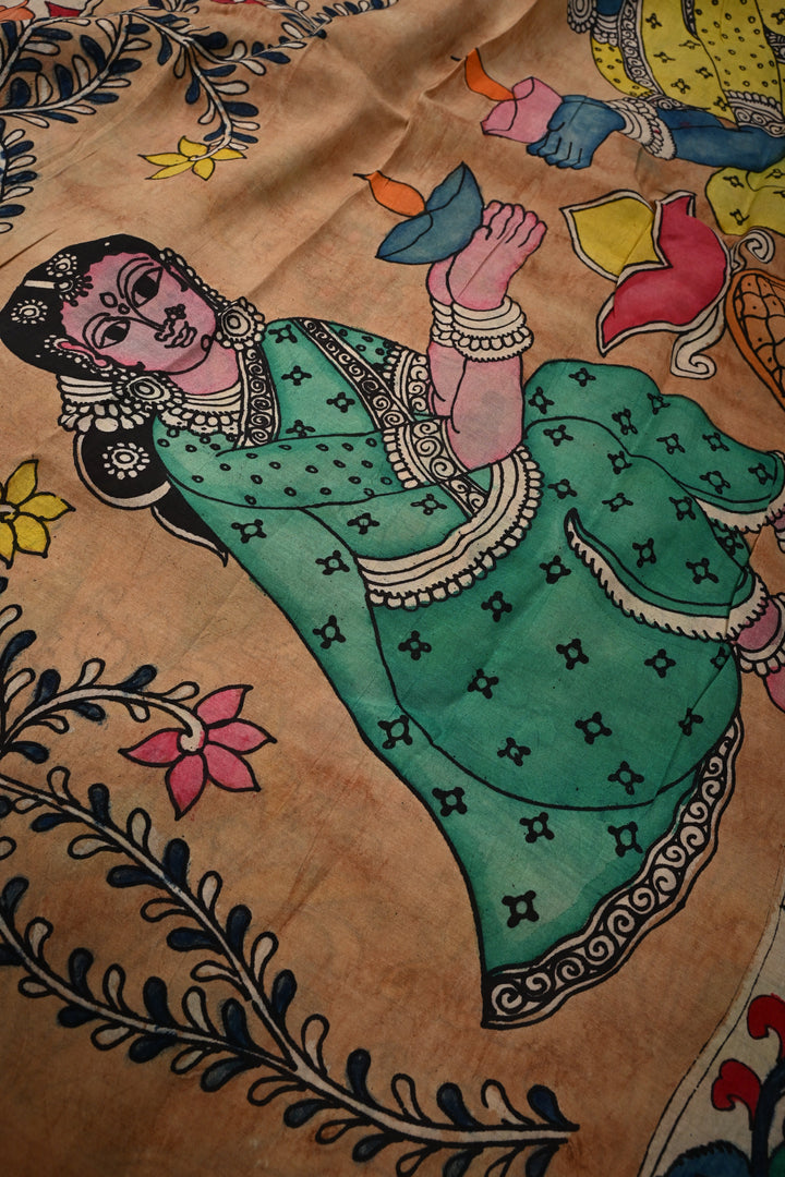 Mythological Theme : Authentic Pen kalamkari Handpainted on Pure Chennuri Silk Saree with Contrast Zari Border | SHOBITAM