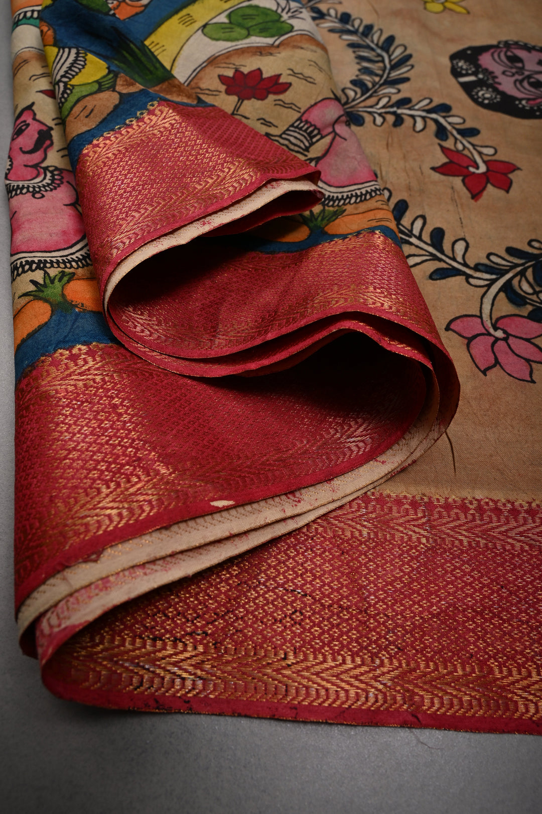 Mythological Theme : Authentic Pen kalamkari Handpainted on Pure Chennuri Silk Saree with Contrast Zari Border | SHOBITAM