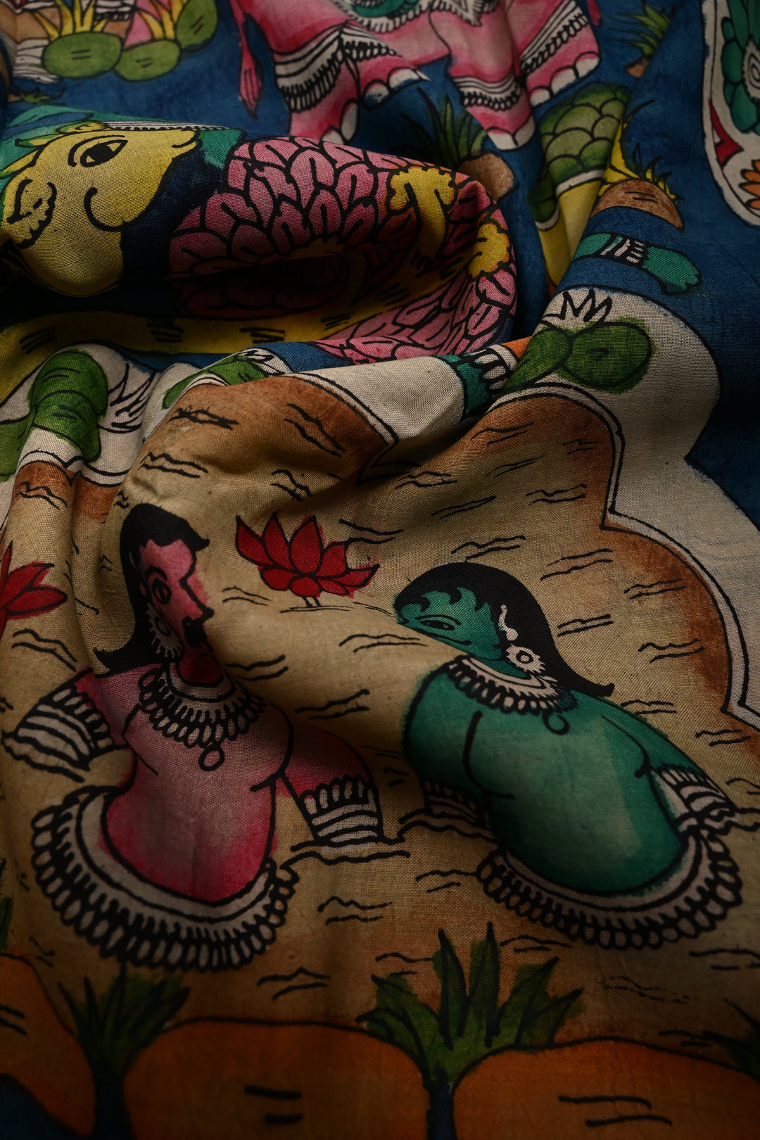 Mythological Theme : Authentic Pen kalamkari Handpainted on Pure Chennuri Silk Saree with Contrast Zari Border | SHOBITAM