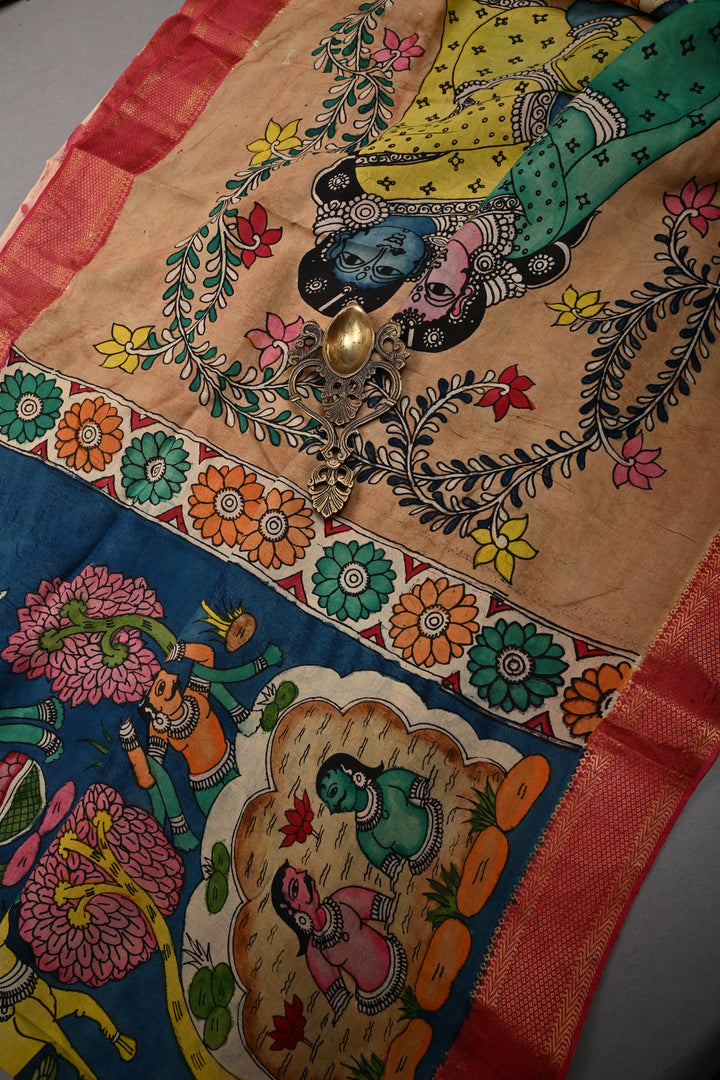 Mythological Theme : Authentic Pen kalamkari Handpainted on Pure Chennuri Silk Saree with Contrast Zari Border | SHOBITAM