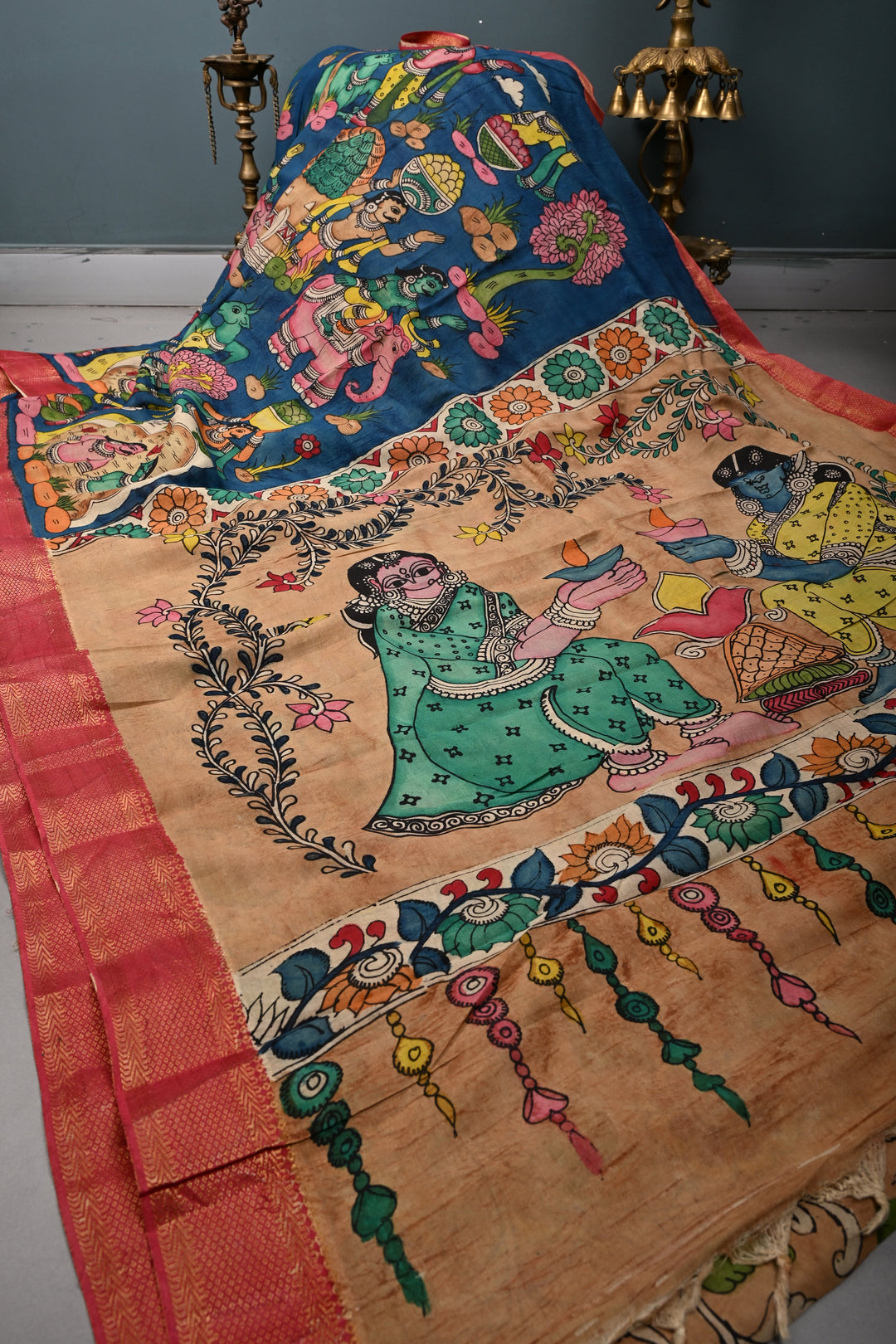 Mythological Theme : Authentic Pen kalamkari Handpainted on Pure Chennuri Silk Saree with Contrast Zari Border | SHOBITAM