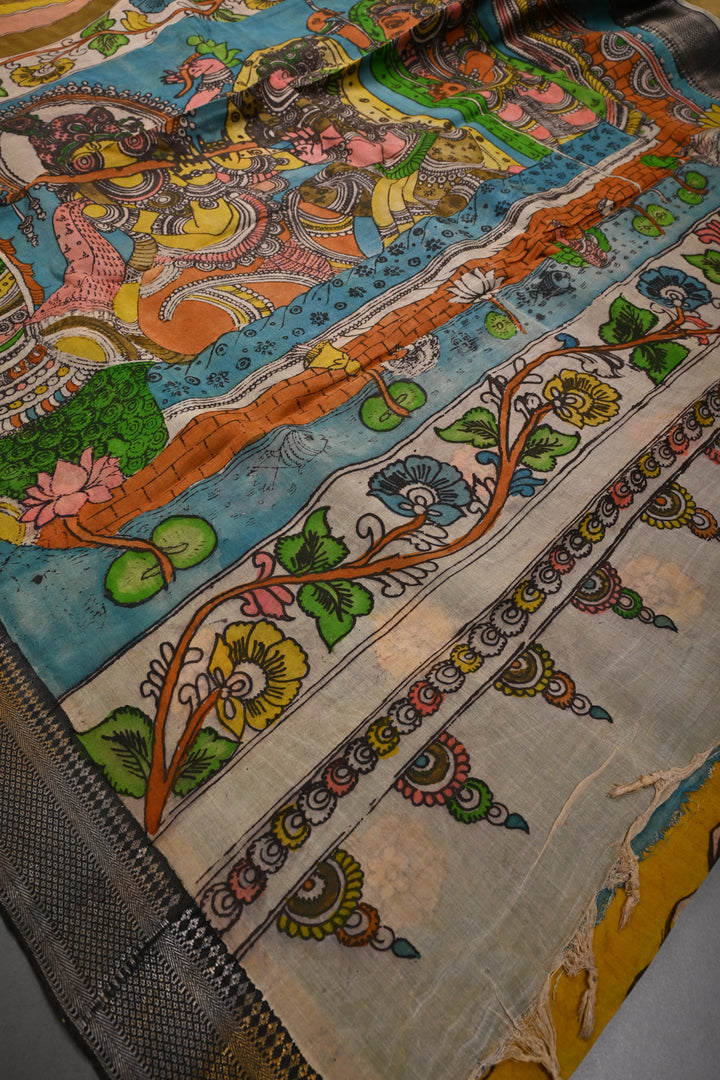 Radha-Krishna-Gopikas Pallu Theme  : Authentic Pen Kalamkari on Pure Mangalagiri Silk Cotton Saree with Contrast Zari Border | SHOBITAM