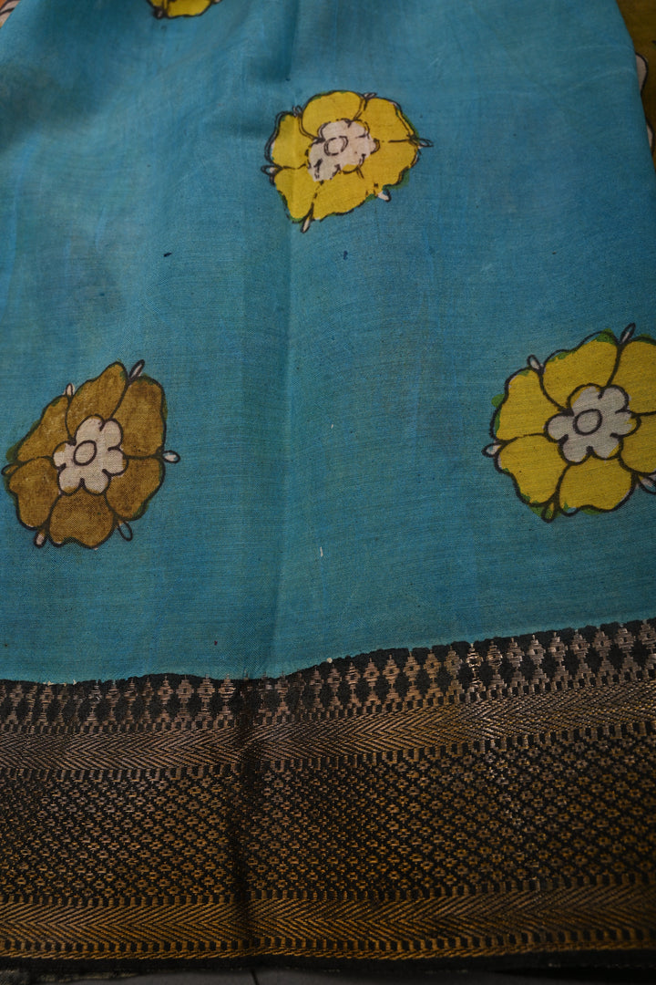 Radha-Krishna-Gopikas Pallu Theme  : Authentic Pen Kalamkari on Pure Mangalagiri Silk Cotton Saree with Contrast Zari Border | SHOBITAM