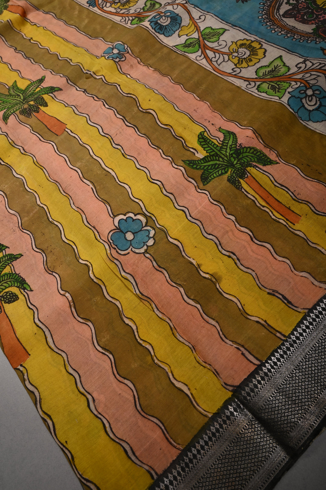 Radha-Krishna-Gopikas Pallu Theme  : Authentic Pen Kalamkari on Pure Mangalagiri Silk Cotton Saree with Contrast Zari Border | SHOBITAM