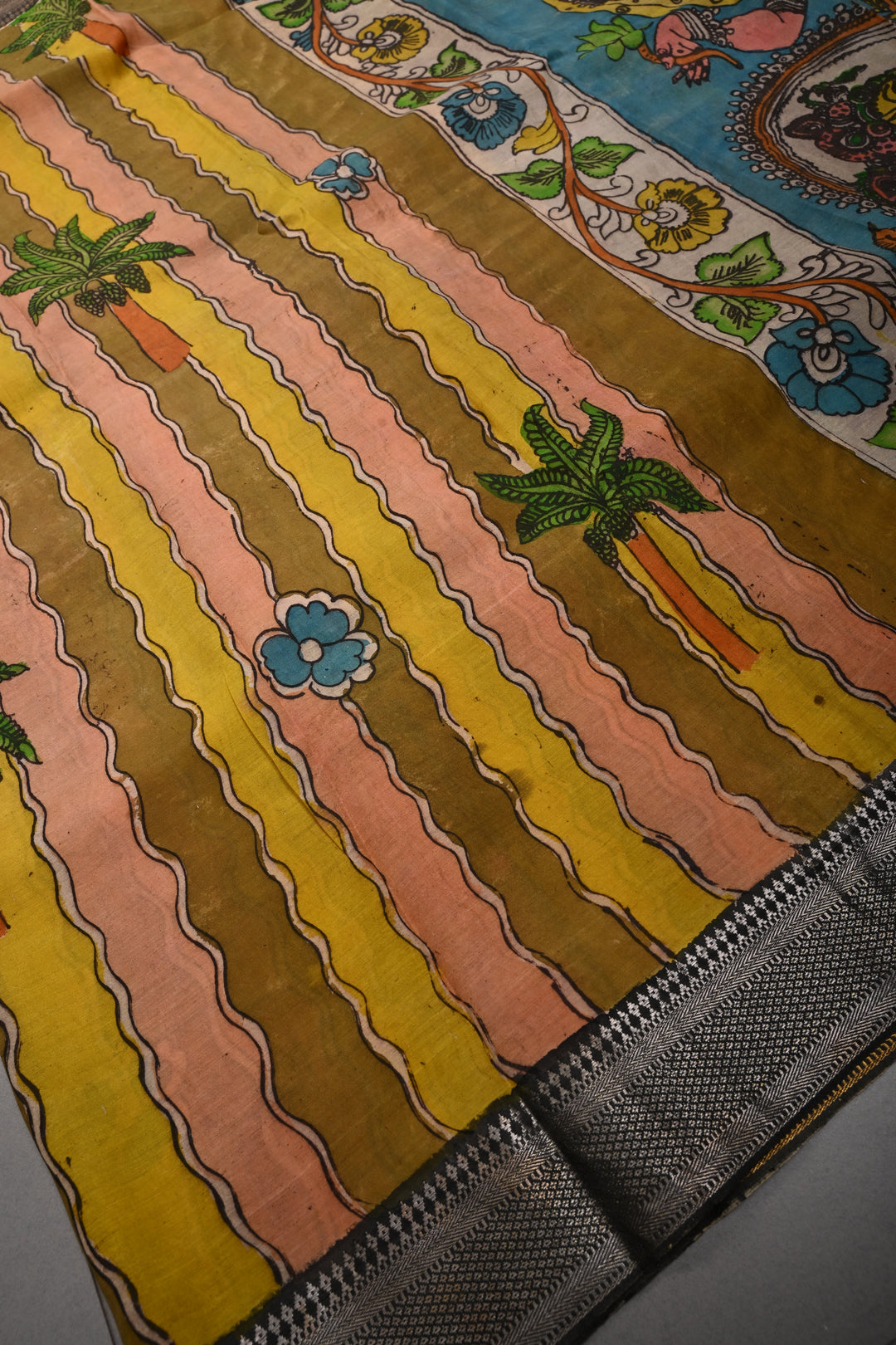 Radha-Krishna-Gopikas Pallu Theme  : Authentic Pen Kalamkari on Pure Mangalagiri Silk Cotton Saree with Contrast Zari Border | SHOBITAM