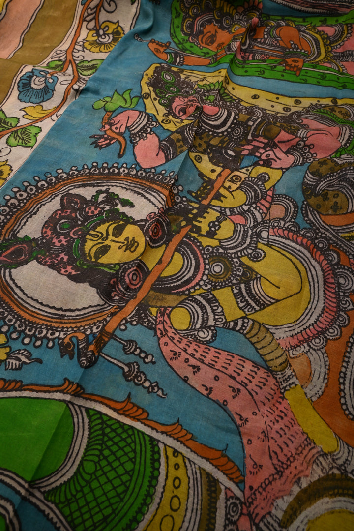Radha-Krishna-Gopikas Pallu Theme  : Authentic Pen Kalamkari on Pure Mangalagiri Silk Cotton Saree with Contrast Zari Border | SHOBITAM