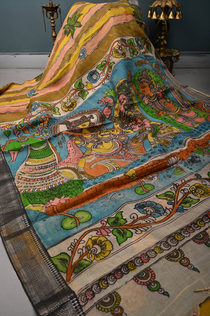 Radha-Krishna-Gopikas Pallu Theme  : Authentic Pen Kalamkari on Pure Mangalagiri Silk Cotton Saree with Contrast Zari Border | SHOBITAM