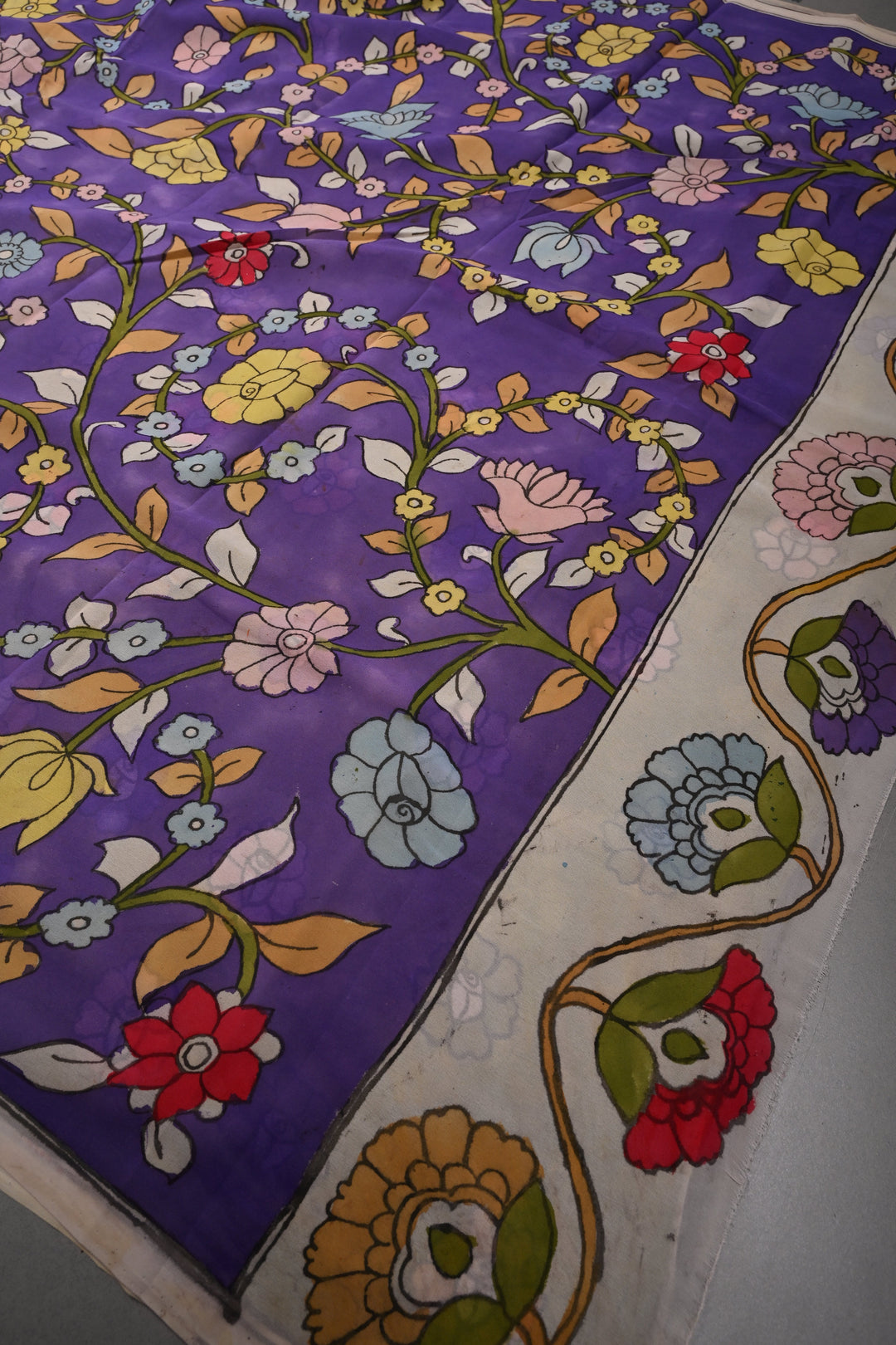 Floral Theme : Amethyst Authentic Pen Kalamkari Handpainted  on pure Georgette Silk Saree with Minimal Border | SILK MARK CERTIFIED | SHOBITAM