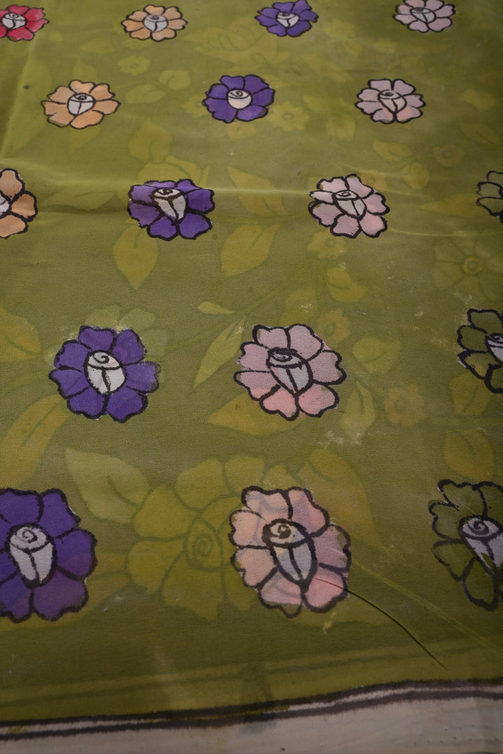 Floral Theme : Amethyst Authentic Pen Kalamkari Handpainted  on pure Georgette Silk Saree with Minimal Border | SILK MARK CERTIFIED | SHOBITAM