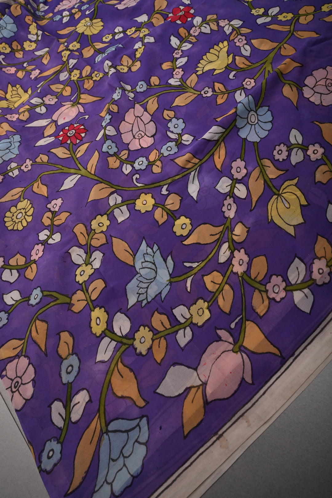 Floral Theme : Amethyst Authentic Pen Kalamkari Handpainted  on pure Georgette Silk Saree with Minimal Border | SILK MARK CERTIFIED | SHOBITAM