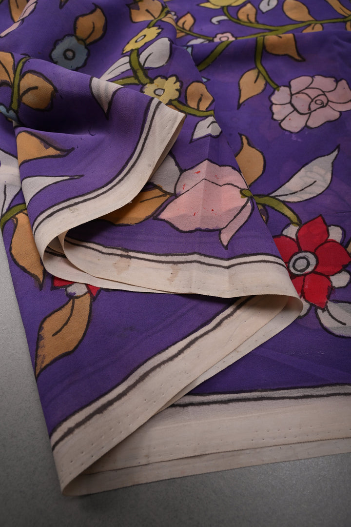 Floral Theme : Amethyst Authentic Pen Kalamkari Handpainted  on pure Georgette Silk Saree with Minimal Border | SILK MARK CERTIFIED | SHOBITAM