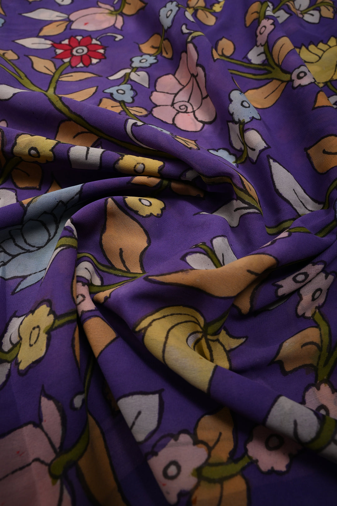 Floral Theme : Amethyst Authentic Pen Kalamkari Handpainted  on pure Georgette Silk Saree with Minimal Border | SILK MARK CERTIFIED | SHOBITAM