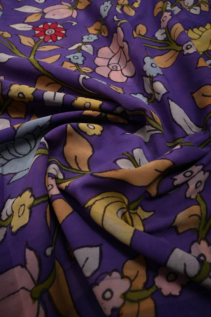 Floral Theme : Amethyst Authentic Pen Kalamkari Handpainted  on pure Georgette Silk Saree with Minimal Border | SILK MARK CERTIFIED | SHOBITAM