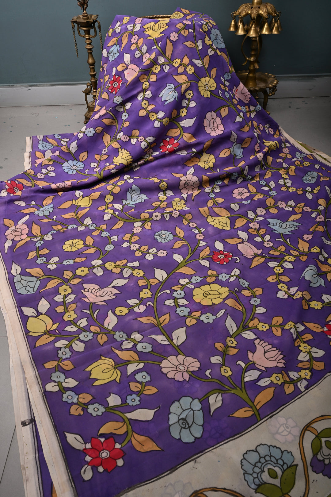 Floral Theme : Amethyst Authentic Pen Kalamkari Handpainted  on pure Georgette Silk Saree with Minimal Border | SILK MARK CERTIFIED | SHOBITAM