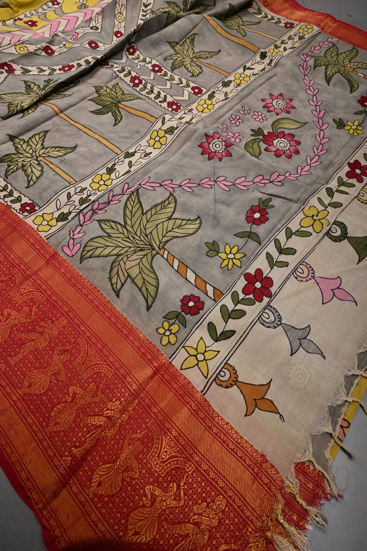 Floral and Palm Tree Theme : Yellow Authentic Pen kalamkari Handpainted on Pure Chennuri Silk Saree with Dancing Queens Zari Border | SHOBITAM