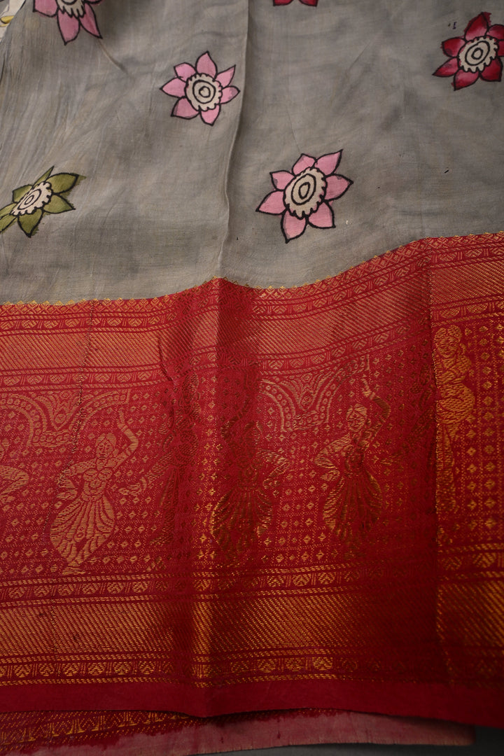 Floral and Palm Tree Theme : Yellow Authentic Pen kalamkari Handpainted on Pure Chennuri Silk Saree with Dancing Queens Zari Border | SHOBITAM