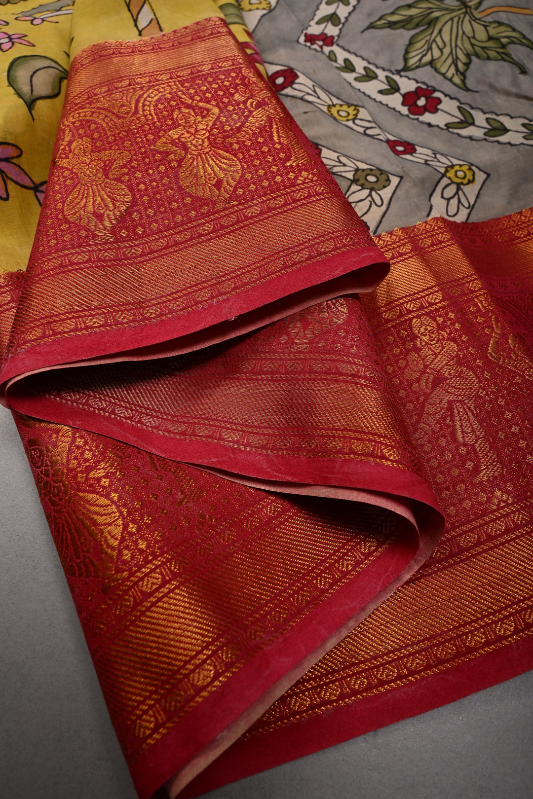 Floral and Palm Tree Theme : Yellow Authentic Pen kalamkari Handpainted on Pure Chennuri Silk Saree with Dancing Queens Zari Border | SHOBITAM