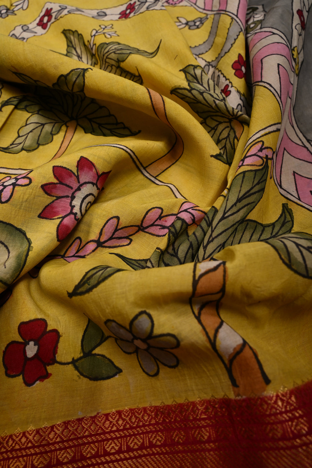 Floral and Palm Tree Theme : Yellow Authentic Pen kalamkari Handpainted on Pure Chennuri Silk Saree with Dancing Queens Zari Border | SHOBITAM