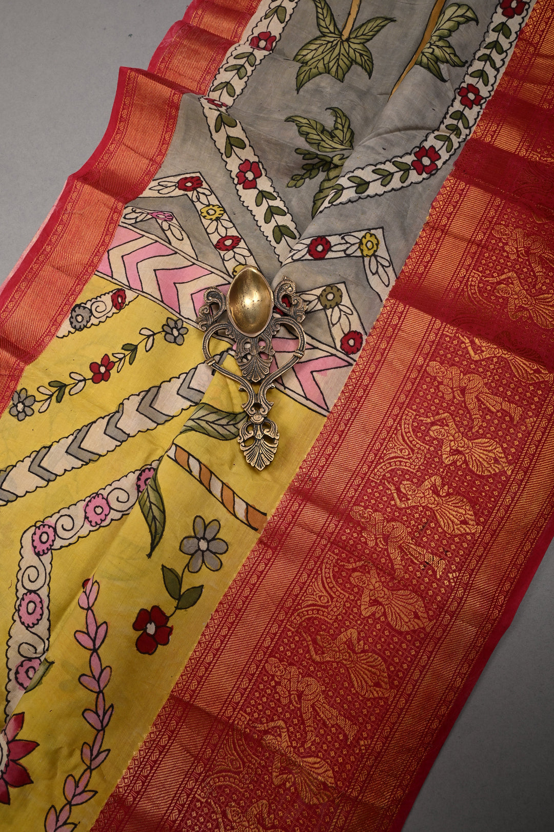 Floral and Palm Tree Theme : Yellow Authentic Pen kalamkari Handpainted on Pure Chennuri Silk Saree with Dancing Queens Zari Border | SHOBITAM