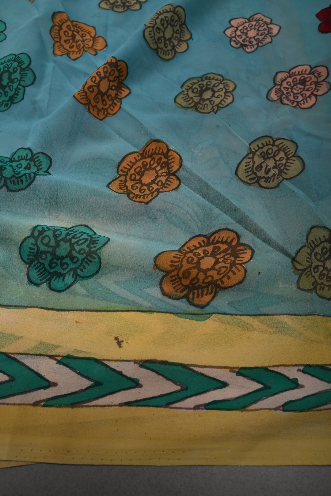 Floral Theme : Light Peach Authentic Pen Kalamkari Handpainted  on pure Georgette Silk Saree with Minimal Border | SILK MARK CERTIFIED | SHOBITAM